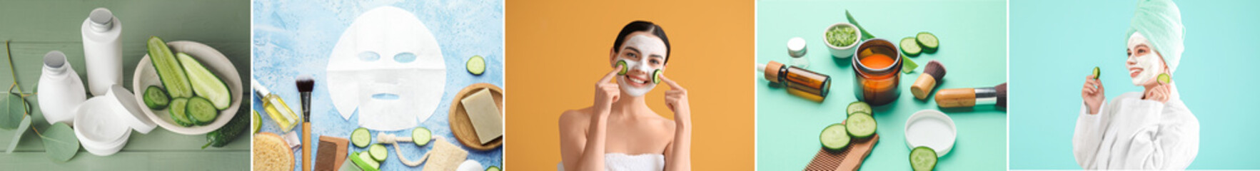 Wall Mural - Collage of young women with cucumber slices and natural cosmetics on color background