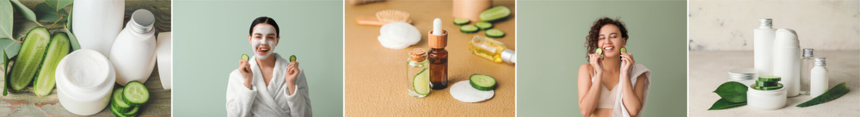 Wall Mural - Collage of young women with cucumber slices and natural cosmetics on color background