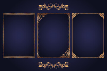 Gold decorative frame with golden frame. Golden frame on luxury blue background.