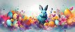 An adorable domestic rabbit brings easter cheer with a vibrant painting of flowers and eggs, capturing the essence of spring in a charming cartoon style