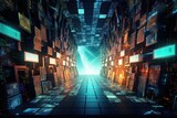 Fototapeta Do przedpokoju - Futuristic hallway with glowing lights, 3d rendering digital illustration, Futuristic Metaverse tunnel with polygon shapes and circuit boards, AI Generated
