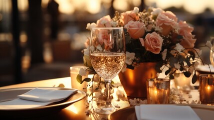 Champagne wedding table setting. Generative AI.