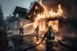 Courageous firefighters using water hoses to put out flames in a burning home. Generative AI