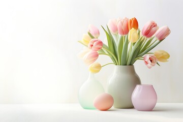 Poster - Generative AI : pink tulips in white ceramic vase on wooden table on background white wall