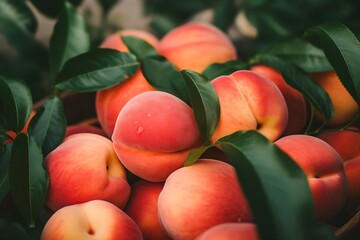 Wall Mural - Generative AI : Ripe peach close-up with peach orchard in the background.