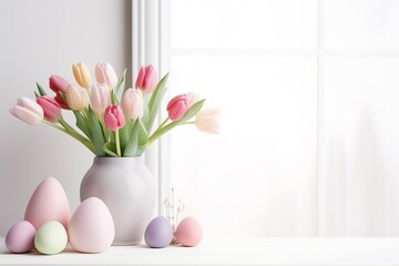 Poster - Generative AI : pink tulips in white ceramic vase on wooden table on background white wall