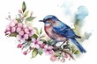 Watercolor illustration of a bluebird perched on a blooming weigela pink bush, surrounded by spring flowers and green leaves. Isolated on a white background. Generative AI