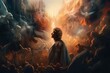 Angel Michael in spiritual painting surrounded by praying souls in vibrant heavenly light. Faithful, symbolic concept art. Generative AI