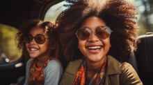 Two Sisters Enjoying A Car Ride In Back Seat. Curly Hair And Wearing Sunglasses.