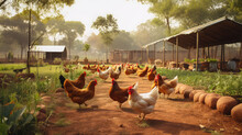 Chickens On The Farm. A Photo Of A Big Chicken Farm.