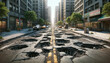 © eric.rodriguez - A wide-view image of a city street in very poor condition, riddled with potholes and damaged asphalt.