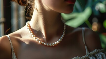 Wall Mural - pearl necklace on young woman neck, cropped image