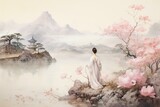 Fototapeta  - Landscape of Chinese gardens, mountains, and pastel flowers in neutral tones. Generative AI