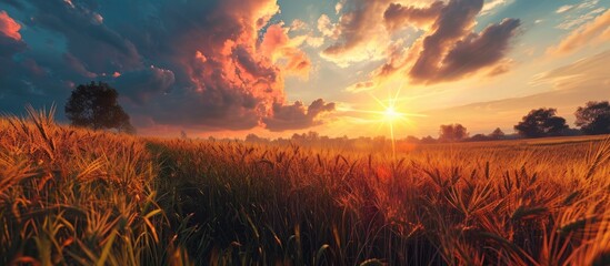 Poster - Gorgeous sunset scene with a wheat field, sunlight, and clouds.