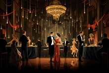Illustration Of A Night Club Interior With People On The Background, A 1920s Speakeasy With Flapper Dresses And Tuxedos, AI Generated
