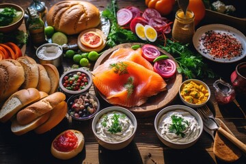 Poster - Healthy food selection on rustic wooden background, top view, A bagel brunch spread with smoked salmon and cream cheese, AI Generated