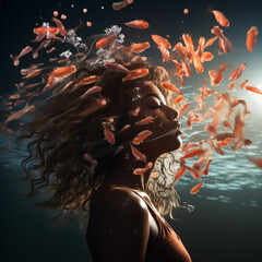 Sticker - Portrait of beautiful woman underwater with many small fishes