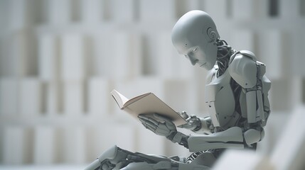 Wall Mural - Artificial intelligence android robot reading a book. Extremely closed-up humanoid cute little robot reading a book in a clean minimal background.