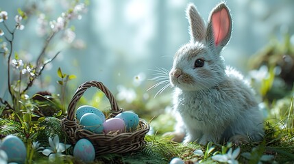 Wall Mural - Easter bunny with Easter eggs in basket on spring fresh grass
