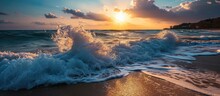 Gorgeous Beach Sunset With Powerful Waves