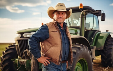 senior western farmer standing at farm with tractor