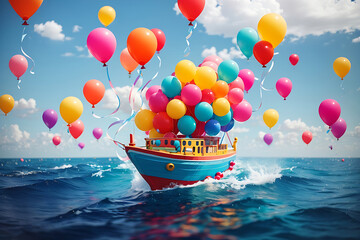 Floating ship with colourful balloons