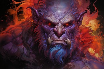 Wall Mural - An evil fantasy character, an orc or ogre. close-up portrait mythical cannibal, a giant with burning eyes.