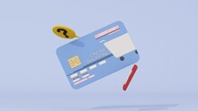 Credit Payment Credit Card. Canceled Payment Concept. Error And Red Cross Sign. Blocked Account. No Pay. Cards Not Accepted. Cartoon Illustration Isolated On Purple Background. 3D Rendering	