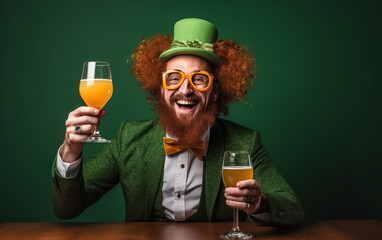 Sticker - Young man in green color costume, drinking beer and enjoying Saint patrick day.