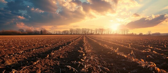 Poster - Fertile rural field landscape at sunset, before sowing.