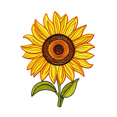 sunflower embroidered patch badge isolated on transparent background remove png, clipping path, pen 