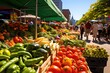 © Iftikhar alam - Fruit and vegetable stall at a farmers market in Frankfurt, Germany, A bustling farmer's market with vibrant, fresh produce and handmade products, AI Generated