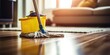 Cleaning staff is wiping cloth with cleaner and disinfectant on the surface of floor to make the floor clean with cleaning products and free from germs clinging to surface of the floor in living room.