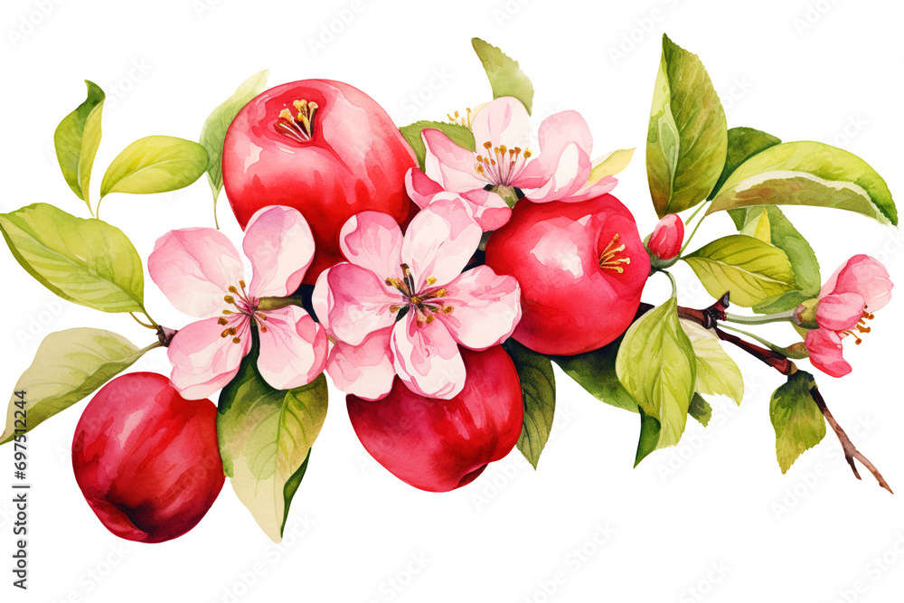 Watercolor apple tree branch with flowers isolated on transparent ...