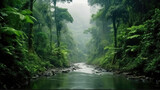 Fototapeta Las - Emerald Jungle: Rainforest Scene with Misty Ambiance