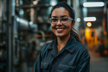 Portrait Of Smiling Female Engineer Or Mechanical Worker On Site Wearing Safety Glasses And Boiler Suit	
