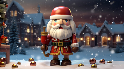 Free photo closeup of christmas decorations with bright colorful bokeh on background,Cute Cartoon Santa in a Christmas Village. Cute little christmas gnome in snowy winter village.,Generative AI