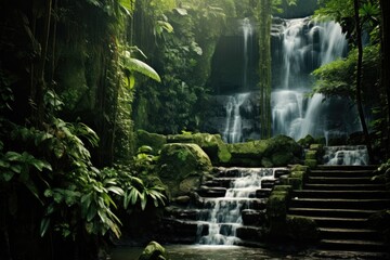 Poster - Waterfall in the jungle of Bali island, Indonesia. Toned, A cascading waterfall inside a hidden rain forest, AI Generated