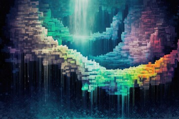 Sticker - abstract digital background, technology concept, 3d illustration, horizontal, A cascading waterfall of pixelated colors, simulating a digital glitch, AI Generated