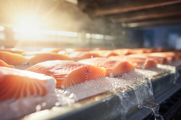 Wall Mural - The detail of a fish salmon factory, processing line. Fish and food industry abstract. Salmon fillet on an industrial conveyor.