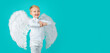 Valentines day banner with angel child. Cute baby child with angel wings, isolated on blue.