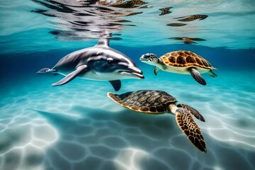 Wall Mural - A Dolphin and Sea Turtle Underwater portrait close up while looking at you