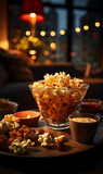 Fototapeta Londyn - Closeup popcorn on the table at home, home theater time in the evening