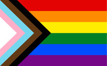 Progress Pride Flag, Six Stripe Rainbow Design (red, Orange, Yellow, Green, Blue, Violet), Variation Adds A Chevron Along The Hoist That Features Black, Brown, Light Blue, Pink, White Stripes, LGBTQ 
