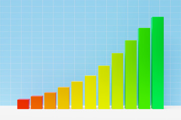 3d illustration of a bar graph with increasing columns from small to large on a blue background.  Bar chart infographic template. Abstract 3D digital business Infographic. Workflow process, business