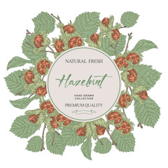 Wall Mural - Round frame with Hazelnut. Hand drawn Hazel tree branch with nuts and leaves. Vector illustration in sketch style.