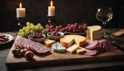 Canvas Print -  a wooden cutting board topped with lots of different types of cheese and meats next to a glass of wine and a plate of grapes and cheese on a table.