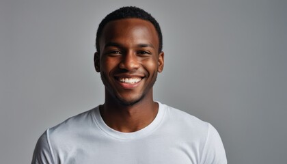  a smiling man in a white t - shirt is looking at the camera with a smile on his face and he is wearing a white t - shirt with a white t - shirt.