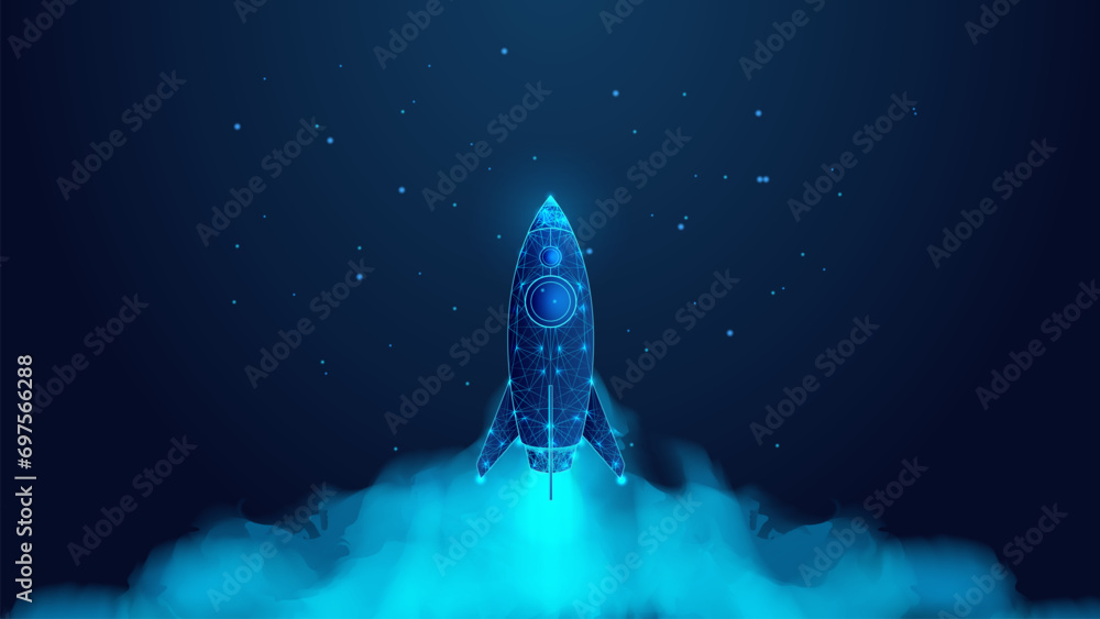 Rocket launch. Startup business growth concept. Low poly wireframe ...