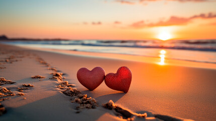 Romantic symbol of love - two hearts on the beach at sunset.